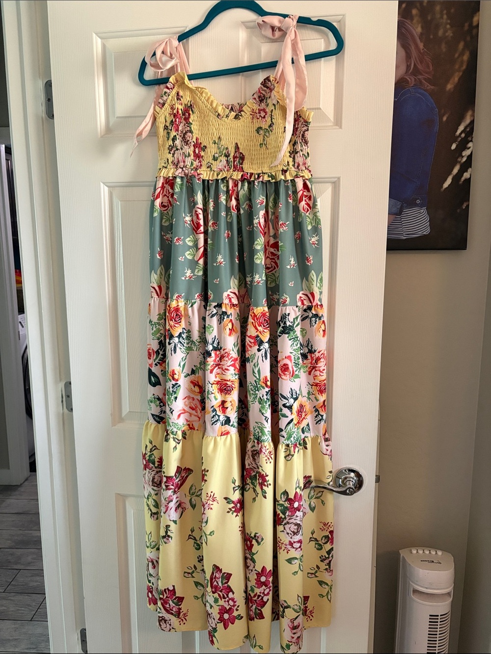 Women’s Yellow & Green Floral Tiered Maxi Dress with Pink Tie Straps Size M
